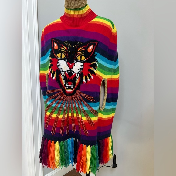 New Gucci Rainbow 100% Wool Poncho with Tiger and crystals fringes L - Picture 5 of 16